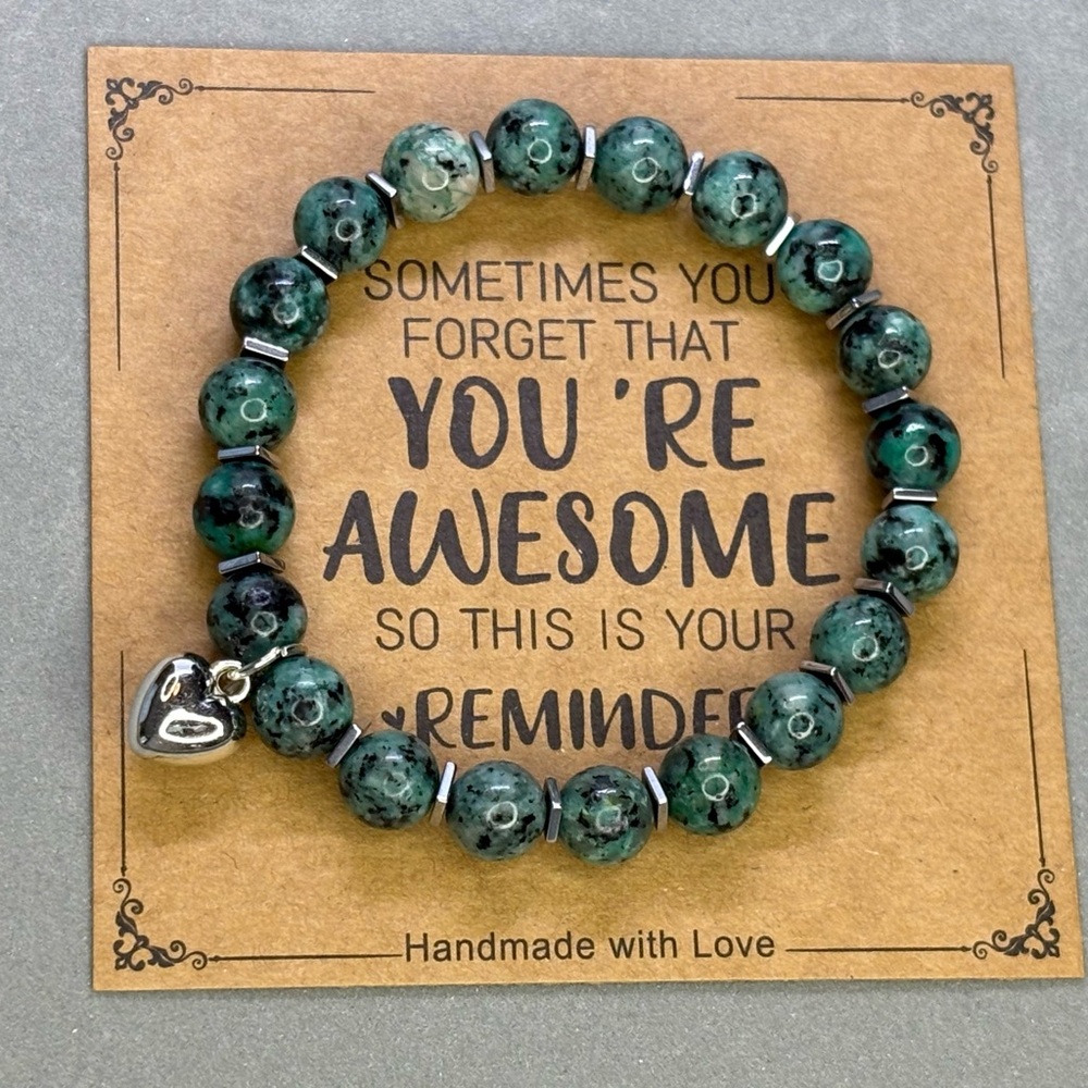 Jade Beaded Bracelet with Silver Heart Charm - Picture 5 of 6